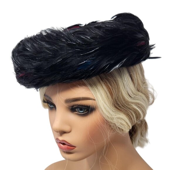 Vintage 1950s Black Feather Womens Pillbox Hat Red & Blue Accents Kentucky Derby - Picture 3 of 6